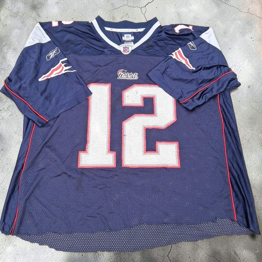 VTG Reebok Tom Brady #12 New England Patriots 2000s Jersey NFL Navy 2XL Cut Hem